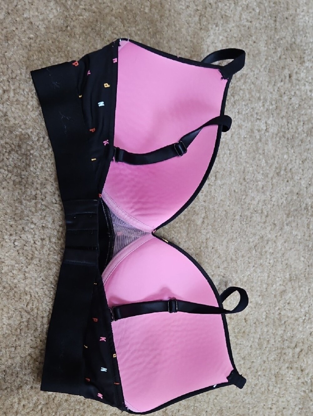 PINK Victoria's Secret Black Wireless Bra with Multicolor Letter Print - Picture 3 of 3
